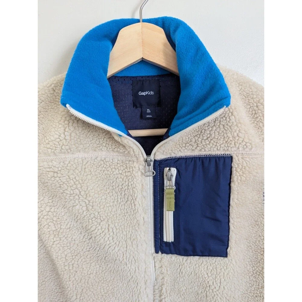 GAP Kids Boys Sherpa Vest Teddy Fleece Beige Blue Pockets XL 12 Hiking Outdoor